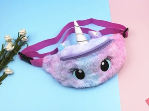 Detail of plush unicorn waist bag with gradient faux fur and large embroidered eyes