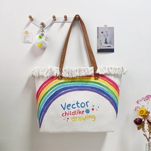 Boho kids rainbow woven tote bag with white tassels and brown leather straps
