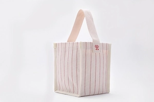 Detail of minimalist canvas tote with vertical red stripes and embroidery texture