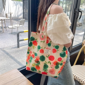 Floral Print Canvas Tote Bag Large Capacity Minimalist Cotton Handheld Shopping Shoulder Bag For Women Casual Daily