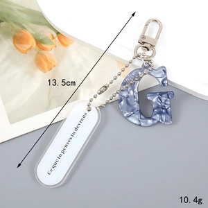 Blue marble acrylic letter G keychain with silver metal bead chain and lobster clasp