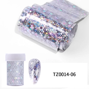 Detail of holographic silver dot nail art foil roll with plastic storage container and sample