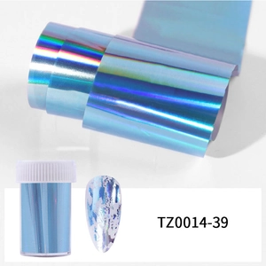 Blue holographic nail art transfer foil with storage jar and metallic effect display