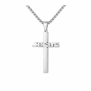 Silver stainless steel cross pendant necklace with JESUS engraving on a metal chain