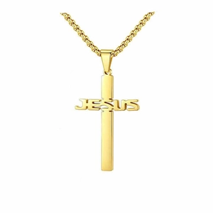 Men's gold stainless steel cross necklace featuring a JESUS pendant on a box chain