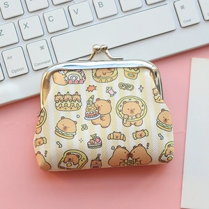 Top-down view of a Capybara themed PU coin purse with cute dessert patterns on desk