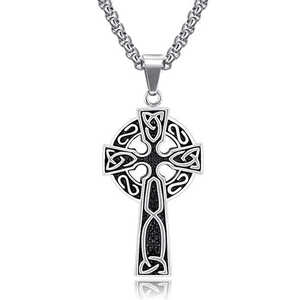 Men's hip hop silver alloy cross pendant with Celtic knots on a sturdy Cuban chain