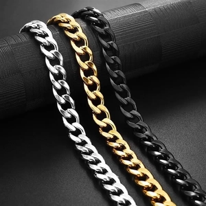 Polished stainless steel Cuban NK chain necklaces in silver, gold, and black colors