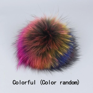 Close-up of colorful raccoon fur pom poms with fluffy texture for hats and accessories