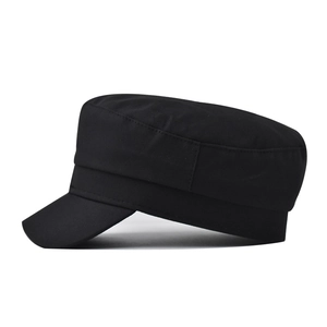Classic black solid color military flat top hat for women with a structured cotton finish