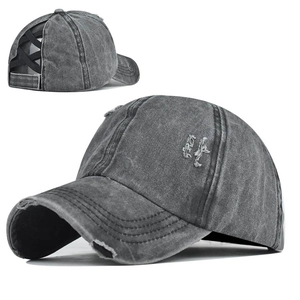 Washed dark grey ponytail baseball cap with criss-cross elastic back and distressed finish