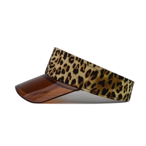 Women's leopard print sun visor hat with a brown transparent brim in a side profile view