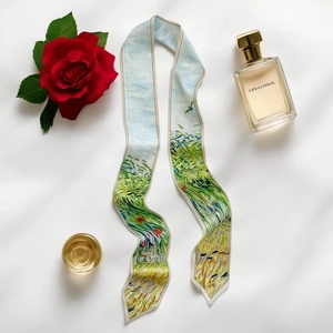 Artistic silk scarf featuring Van Gogh's Wheat Field with Cypresses oil painting pattern