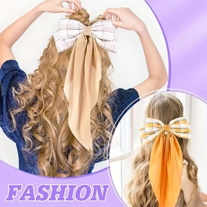 Plaid bow hair clips with long satin ribbons in beige and yellow for women's hairstyles