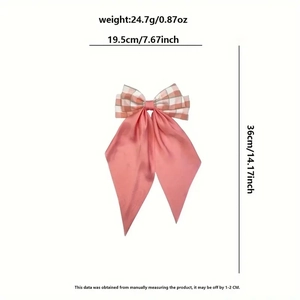Pink plaid bow hair clip for women with detailed measurements 36cm length and 19.5cm width
