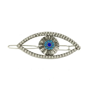 Sparkling Turkish Evil Eye hair clip with blue rhinestones on a silver metal base