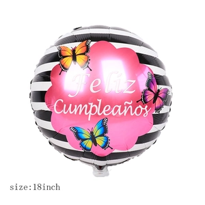 18 inch round striped foil balloon with Feliz Cumpleaños text and butterfly decor