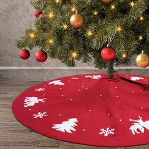 Christmas Tree Skirt Knitted Acrylic With 3D Reindeer Snowflake Pattern And Beads Holiday Home Decor Red