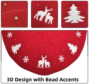 Detail of red knit Christmas tree skirt with 3D white beads, reindeer and tree embroidery