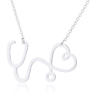 Silver stainless steel stethoscope heart pendant necklace on minimalist link chain