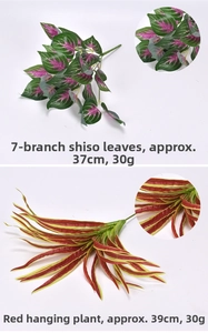 Detailed comparison of artificial Perilla and Chlorophytum leaves with size and weight specs