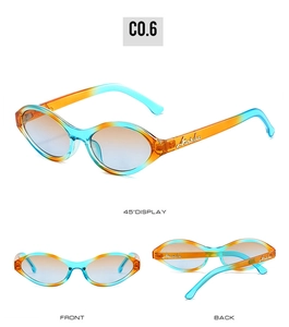 Detailed views showing orange cat-eye frame and blue gradient lenses with gold logo