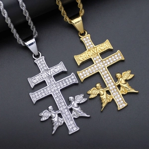 Hip Hop Caravaca Cross Angel Pendant Necklace Stainless Steel Austrian Rhinestone Jewelry For Men Women