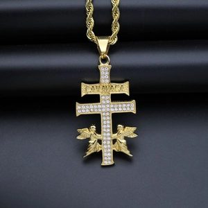 Gold plated hip hop cross necklace with angel figures and sparkling crystals on rope chain