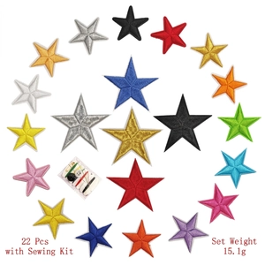 Detailed set of 22 multi-colored star embroidery patches with a mini travel sewing kit