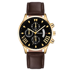 Men's business chronograph watch with golden case, black dial, and brown leather strap