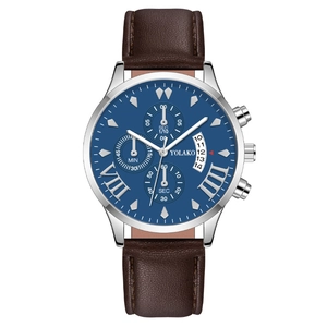 Men's fashion quartz watch with three-eye chronograph, blue dial and brown leather strap