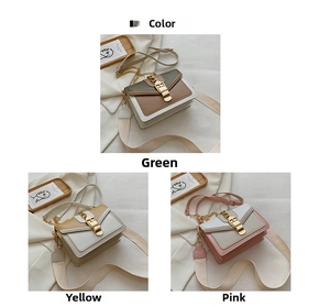 Detail of color-block flap crossbody bags in green, yellow, and pink with gold locks