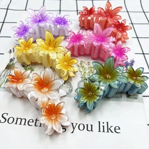 Set of five colorful gradient resin frangipani flower hair claws for women
