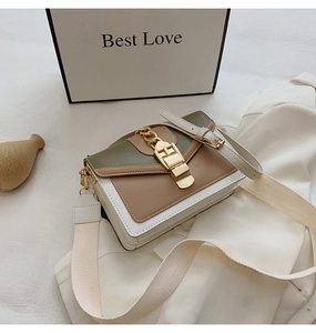 Detail view of contrast color crossbody bag with gold hardware on white blazer
