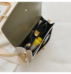 Detail of green and beige crossbody bag showing interior compartments and gold chain strap