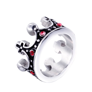 Vintage stainless steel crown ring with red gemstones and antique silver finish