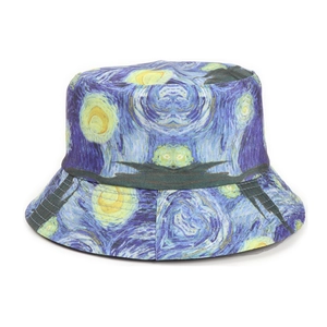 Reversible bucket hat featuring Starry Night oil painting print and wide brim design