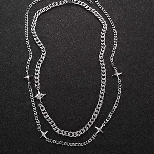 Double Layered Star Pendant Necklace Men Titanium Steel Cuban Chain Hip Hop Trendy Jewelry With Rhinestones