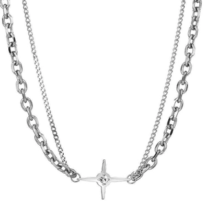 Collier double couche en argent avec chaîne épaisse et pendentif étoile étincelant