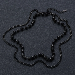 Double-layered black bead and cuban link necklace in vintage stainless steel finish