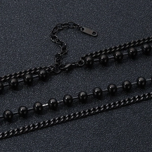 Double-layered black bead necklace with vintage stainless steel chains for men
