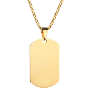 Polished gold military tag pendant necklace with box chain on white background