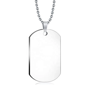 Polished silver stainless steel dog tag pendant with beaded chain on white background