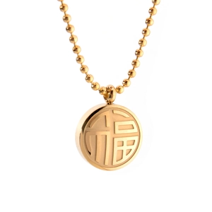 Ethnic 18K gold-plated stainless steel bead necklace with Fu character round pendant