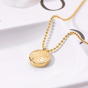 Ethnic style 18K gold titanium steel necklace with Fu character pendant on bead chain