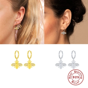Minimalist S925 sterling silver honey bee hoop earrings in gold and silver finish