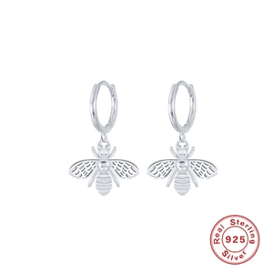 Minimalist S925 sterling silver bee hoop earrings with polished finish on white background