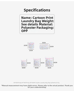 Size chart for laundry bags showing dimensions for cylindrical and square mesh net bags