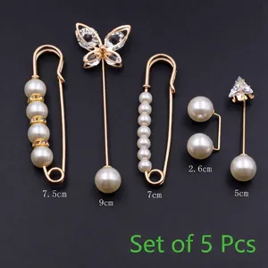 Lot de 5 épingles de sûreté dorées avec perles et cristaux pour cardigans