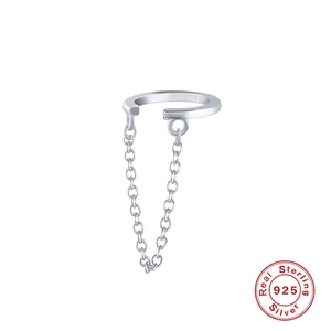 Minimalist S925 sterling silver ear cuff with delicate chain tassel design on white background